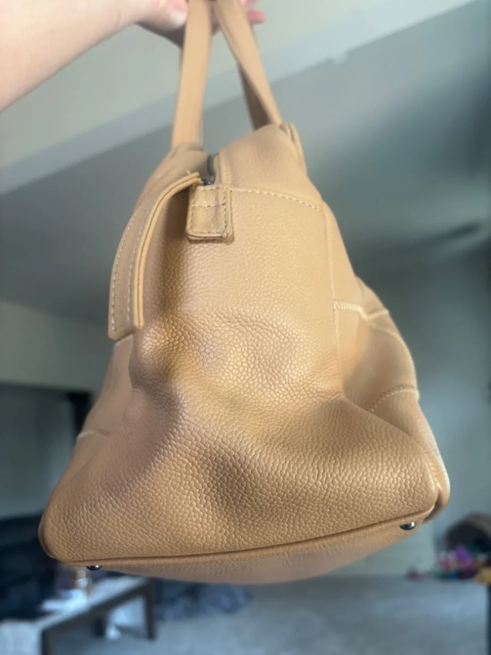 CHANEL VINTAGE Logo Bar East West Tote Beige Caviar Silver HW 9 series AUTH